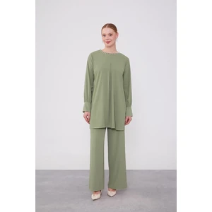 Yeşil Yakası Taş İşlemeli Şifon Tunik Takım