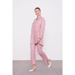 Pembe Taş İşlemeli Melanj Gömlek İkili Takım