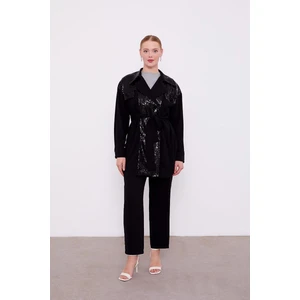 Levidor Siyah Payet İşlemeli Kuşak Bağlamalı Ceket Takım