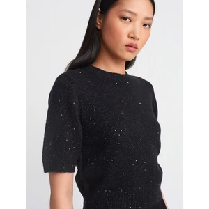 10703 Bisiklet Yaka Pullu Simli Triko Kazak-Siyah