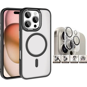 Apple iPhone 16 Pro Kılıf Wireless Şarj Özellikli Zore Krom Magsafe Silikon Kapak + Kamera Lens Koruyucu