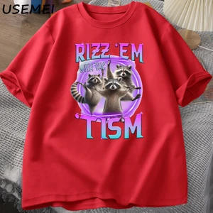 Rizz Em Tism Rakun T-Shirt Çöp Panda Komik Grafik T Shirt Erkekler Komik Pamuk Kısa Kollu Har