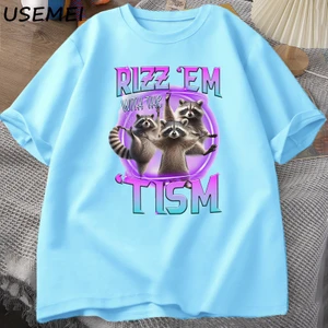 Rizz Em Tism Rakun T-Shirt Çöp Panda Komik Grafik T Shirt Erkekler Komik Pamuk Kısa Kollu Har