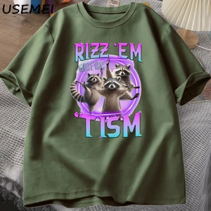 Rizz Em Tism Rakun T-Shirt Çöp Panda Komik Grafik T Shirt Erkekler Komik Pamuk Kısa Kollu Har