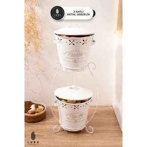 2 Katlı Beyaz Metal Patates ve Soğan Sepeti - 27X70 cm  Metal Sebzelik Patates Soğanlık