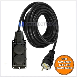 Kauçuk 2'li Topraklı Grup Priz Uzatma Kablosu 8 Metre 3x2,5 Mm² Ttr Kalın Siyah Kablolu
