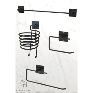 Atacı Home Yapışkanlı 4'lü Siyah Fön Makinesi Askısı Havlu Askısı Wc Tuvalet Kağıtlık Rulo Havluluk Banyo Set