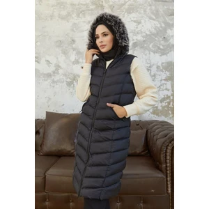 Butik Ayseba Kadın Siyah Kapüşonlu Kürklü Büyük Beden Battal Uzun Şişme Yelek