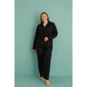 Kadın 20601-236 Büyük Beden Önü Düğmeli Süet Pijama Takımı Siyah