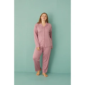 Kadın 50801-129 Büyük Beden Önü Düğmeli Pijama Takımı Pudra