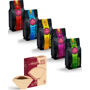 Dünya Filtre Kahve Seti | No 4 Filtre Kağıdı Hediyeli | Öğütülmüş | 5x250 Gr