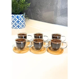 6lı Cidarlı Cam Türk Kahvesi Fincan Takımı Bambu Tabaklı