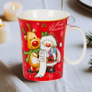 Noel Baba ve Ren Geyiği Temalı Porselen Premium Kupa Kırmızı 310 ml