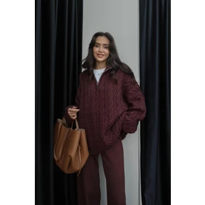 Açık Bordo Yakası Fermuarlı Saç Örgü Kazak