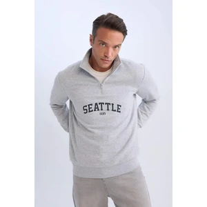 Relax Fit Fermuarlı Dik Yaka Baskılı Kalın Sweatshirt D4715AX24AU