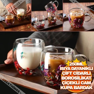 Isıya Dayanıklı 250 ml Çift Cidarlı Flower Çiçekli Bardak | Borosilikat Çiçekli Kahve Sunum Bardağı