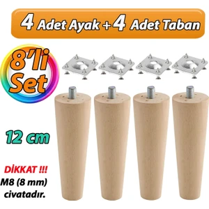 Ahşap Ayak 12 cm 8'li Set M8 Civatalı Bağlantı Aparatlı Dolap Mobilya Koltuk Kanepe Destek Ayağı Ayakları