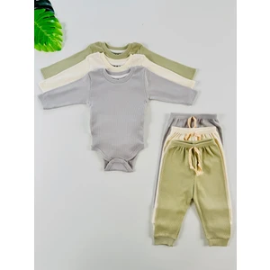 3'lü %100 Pamuklu Unisex Esnek Uzun Kol Kaşkorse Bebek Body Pantolon Takım