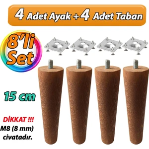Ahşap Ayak 15 cm 8'li Set Koyu Meşe M8 Civatalı Bağlantı Aparatlı Dolap Mobilya Koltuk Kanepe Destek Ayağı Ayakları