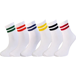 Silk Step 6'lı Paket Kadın, Renkli Çemberli Günlük Kolej - Tenis Çorabı (Beyaz Zemin 6 Farklı Çember Rengi)