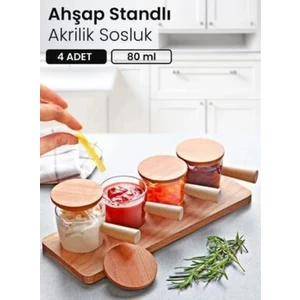 4 Adet Ahşap Kapaklı Standlı Reçellik Sosluk Sofra Sunum Kahvaltı Seti 80 ml