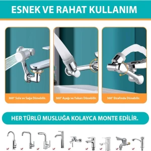 1080 Derece Dönebilen Evrensel 2 Modlu Robotik Kol Mutfak Banyo Musluk Başlığı