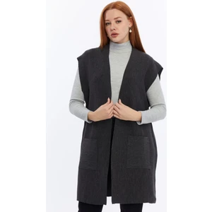 Moda Semin Kadın Desensiz Düz Çift Cepli Triko Yelek