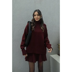 Cloudy Kids Kadın Pileli Mini Etek Balıkçı Yaka Kazak Alt Üst Premium Triko Takım