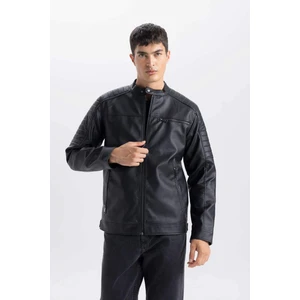 Su İtici Slim Fit Dar Kesim Dik Yaka Fermuarlı Cepli Suni Deri Mont D6241AX25SP