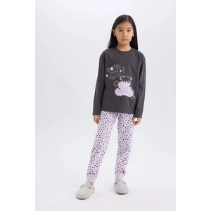 Kız Çocuk Pijama Takımı Baskılı Uzun Kollu Üst Beli Lastikli Desenli Uzun Alt E0532A825SP