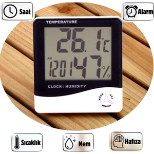 Dijital Oda Termometresi Sıcaklık ve Nem Ölçer Masa Saati Alarm Oda Termometre  Sıcaklık Ölçer