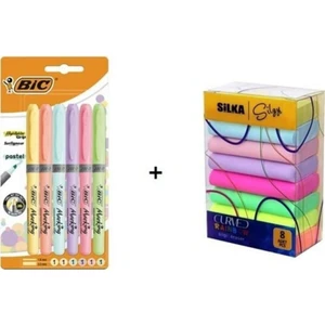 BIC Fosforlu Kalem 6'lı Pastel Renkler ve Silka Rainbow Silgi 8'li Seti ile Not Tutma Keyfi