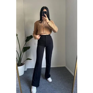 Kadın Siyah Krep Kumaş Likralı Ön Çimalı Ispanyol Paça Palazzo Pantolon