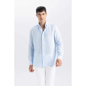 %100 Keten Regular Fit Polo Yaka Yazlık Uzun Kollu Gömlek D8816AX24HS