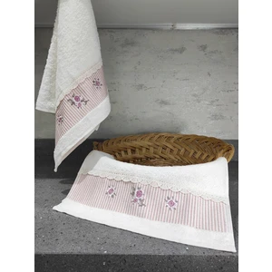 %100 Pamuk & Nakışlı Havlu Takımı - 2'li Dantelli Havlu Seti - 40X60 cm - Pudra