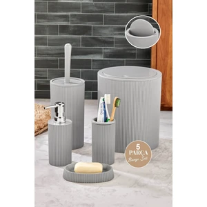 5 Parça Lüx Banyo Seti - Dekoratif Yuvarlak Pratik Kapak Çöp Kovası Diş Fırçalık Sabunluk Fırça Seti