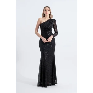 Tiffany | Payetli Tek Kol Maxi Balık Abiye Elbise Asimetrik Yaka - Siyah