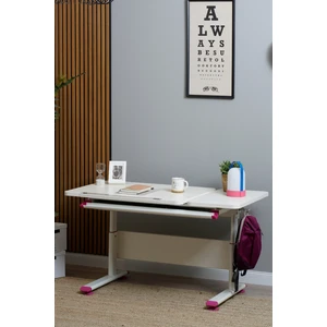Creo Mobili Vega Basic Çekmeceli Çalışma Masası, Kız Çocuk İçin Eğim ve Yükseklik Ayarlı Masa - 130x70 Cm, Ekru/Fuşya