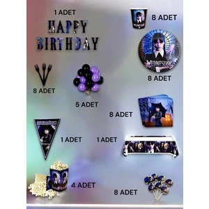 8 Kişilik Wednesday Temalı Ultra Lü x  Set - Doğum Günü Parti ve Eğlenceli Etkinlikler