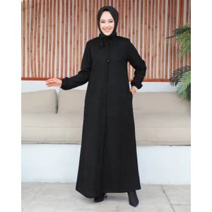 Tesettür Siyah Yakası Bağcıklı Kışlık Fermuarlı Büyük Beden Kadın Ferace - Sevda Ferace MF-6002