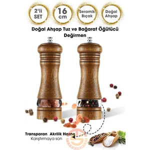 Premium 2 Adet 16CM Doğal Ahşap Değirmen & Akrilik Şeffaf Baharat Öğütücü Karabiber Tuz