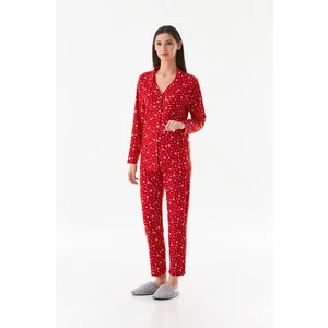 Kar Tanesi Desenli Gömlek Yaka Süet Pijama Takımı