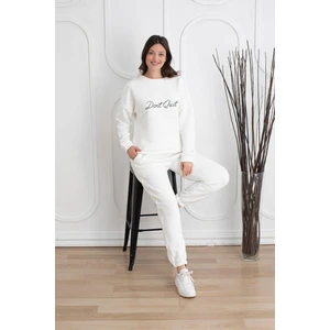 Biricik İç Giyim Kadın Beyaz Bisiklet Yaka Baskılı Beli ve Paçası Lastikli Pamuklu 3 Iplik  Eşofman Takımı