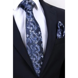 Hand Made 7.5 cm Yaprak Desenli Lacivert Gri Mendilli Kravat