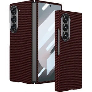 Galaxy Z Fold 6 Kılıf Kamera Korumalı Karbon Fiber Tasarımlı Arka Yüzey Zore Kıpta Karbon Kapak-Kırm