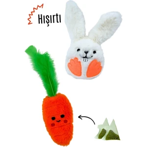 Kedi Oyuncak Seti Hışırtı Sesli Peluş Tavşan ve 2 Adet Catnip Paketli Peluş Havuç Kedi Oyuncakları