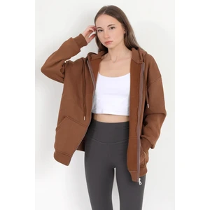 Kadın Kahverengi Fermuarlı Şardonlu Kapüşonlu Oversize Sweatshirt - 9015