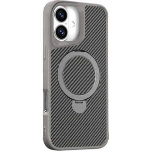 iPhone 16 Plus Kılıf Karbon Fiber Magsafeli Standlı Alp Kapak Gri