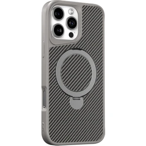 iPhone 16 Pro Max Kılıf Karbon Fiber Magsafeli Standlı Alp Kapak Gri