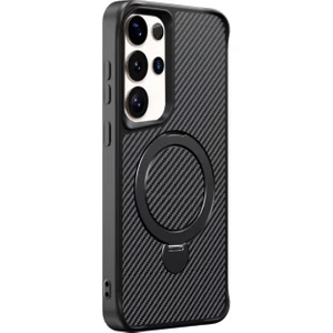 Samsung Galaxy S24 Ultra Kılıf Karbon Fiber Magsafeli Standlı Alp Kapak Siyah